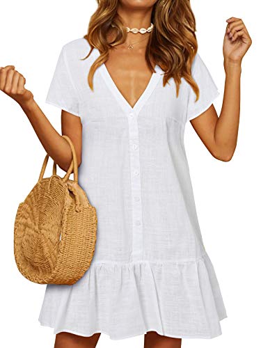 YOINS Damen Sommerkleid Kurzarm Minikleid Einfarbig V-Ausschnitt Homewear Blusenkleid mit Knopfen T-Shirtkleider Tunikakleid Weiß M