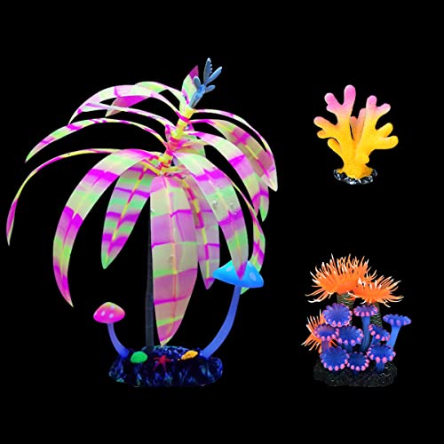 Podazz Aquarium Dekoration Leuchtende Koralle Pflanze Glühender Effekt Aquarium, Aquarium Landschaft Künstliche Silikon Dekoration Set 3 Stück (Korallenkleid Farbmuster)