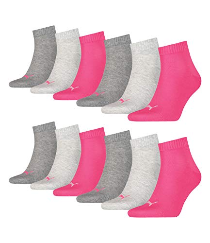 PUMA 12 Paar Unisex Quarter Socken Sneaker Gr. 35-49 für Damen Herren Füßlinge, Farbe:656 - middle grey mélange/pink, Socken & Strümpfe:35-38