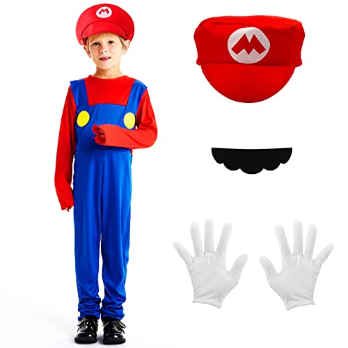 Mario Kostüm Kinder, Super Mario Kostüm mit Bodysuit, Cap,Handschuhe und Bart, Karneval Halloween Cosplay Kostüm Dekoration für Kinder Erwachsene Damen(Rot,M)