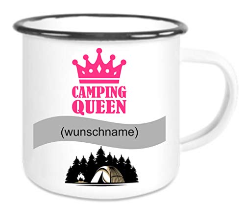 Crealuxe Emailletasse m. Wunschname (Wunschname) Camping Queen - Kaffeetasse mit Motiv, Bedruckte Tasse mit Sprüchen oder Bildern