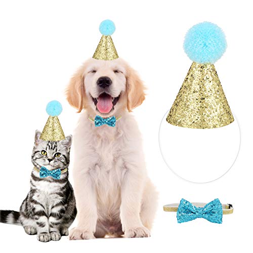 Hund Geburtstag Hut, YOUTHINK Haustier Geburtstagsset mit goldenem Pailletten Hut und Blauem Paillettenknoten mit Verstellbarem Hutseil und Nackengürtel für die Meisten Hunde Katzen oder Andere