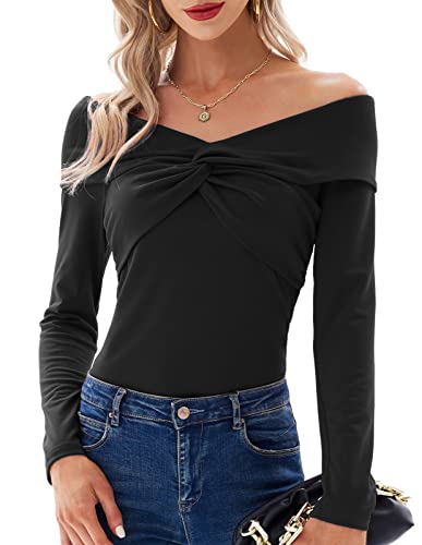 Damen V-Ausschnitt Oberteil Langarm Slim Fit Schulterfrei Shirt Schwarz XL