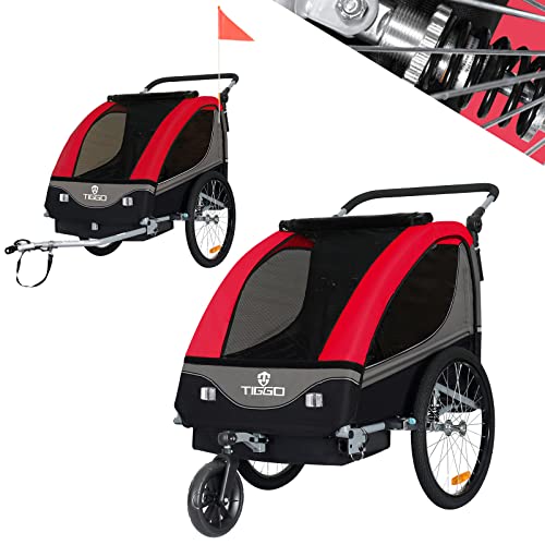 Tiggo S2 Kinderanhänger mit Federung Jogger 2 in 1 Kinder Buggy fahrradanhänger Anhänger 360° Drehbar (Rot)