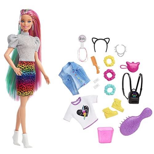 Barbie GRN81 - Leoparden Regenbogen-Haar Puppe (blond) mit Farbwechseleffekt, 16 Zubehörteilen, Spielzeug ab 3 Jahren