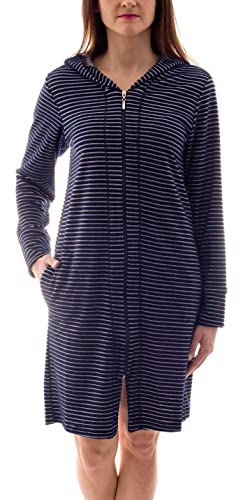 Aquarti Damen Bademantel Morgenmantel mit Reißverschluss Streifen Kurz Baumwolle, Farbe: Streifenmuster Dunkelblau, Größe: XL