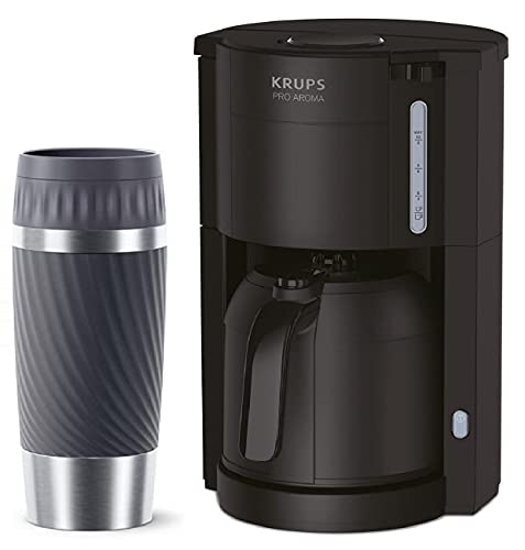 Krups KM3038-3 Filter Thermo Kaffeemaschine mit Thermokanne + Emsa Travel Mug Thermobecher 360ml schwarz, für 10-15 Tassen Kaffee, Thermoskanne mit 1 Liter Fassungsvermögen, bis zu 4 Stunden Heiß