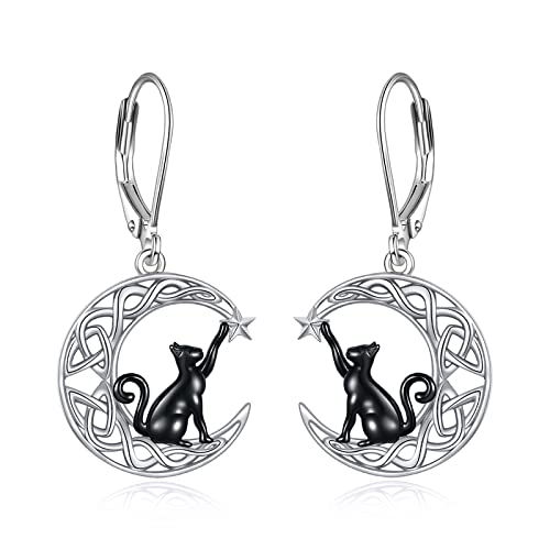 VONALA Mond Katze Ohrringe Hängend Sterling Silber, Keltisch Schmuck Halloween Geschenke für Damen und Mädchen