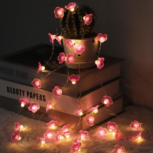 Auting LED Lichterkette Kirschblüten Innen, 4M 40 LEDS lichterkette blumen Girlande Batterie mit Timing-Funktion, Lichterkette rosa mit Blumengirlande für Innen,Hochzeit, Party Deko, 1 Stück
