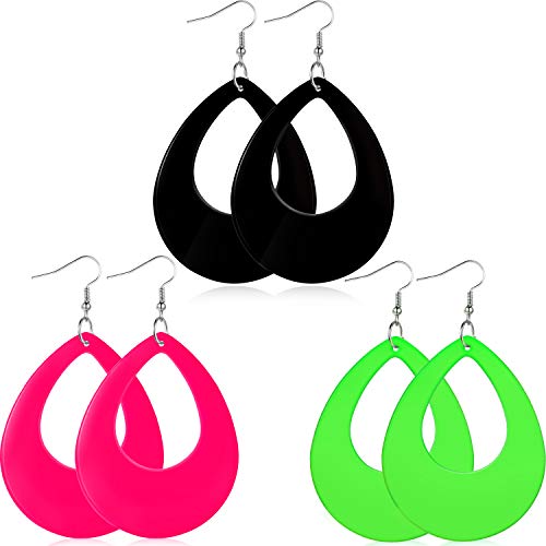 JINWEORI 3 Paar Damenmode Retro Neon Ohrringe für 80er Party oder Retro Kostüm Party (Oval Ohrringe)
