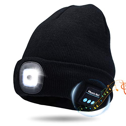 Kaishengyuan Wireless Bluetooth Music Mütze, Wintermütze mit Licht, 4 LED Beanie Hut USB Aufladbare Caps für Männer Frauen warme Strickmütze für Wintersport im Freien Laufen Skifahren (Schwarz)