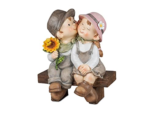 Small-Preis Deko-Figuren Sommerkinder Max und Lisa sitzend auf Bank Gartenkinder mit Blumen Frühjahrsdeko Sommerdeko für Innen und Außen 26x18cm groß 791