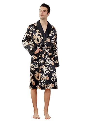 Westkun Herren Morgenmantel Kimono Bademantel Satin Lang Nachtwäsche Robe Strickjacke Japanische Pyjamas Nachtwäsche V Ausschnitt mit Taschen und Gürtel(Gedrucktes Schwarz,XL)