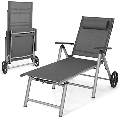 COSTWAY Liegestuhl aus Aluminium mit Rollen, klappbarer Sonnenliege mit 7-Fach Verstellbarer Rückenlehne und Abnehmbarer Kopfkissen, Klappliege Gartenliege mit schnell trocknendem Stoff