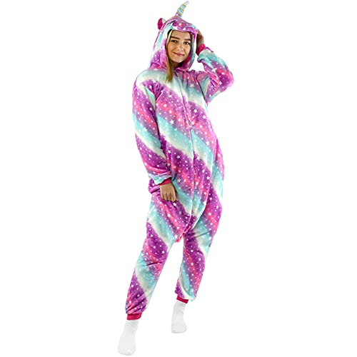 Jumpsuit Onesie für Damen und Herren - Sanft Kuschelig Unisex Pyjama - Warme Schlafanzug - Halloween Kostüm Einhorn Motiv - Größe 158-168 cm M - Lila Pegasus