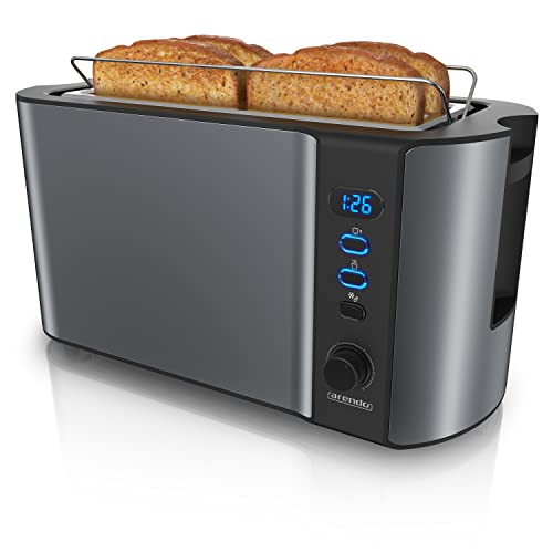 Arendo - Edelstahl Toaster Langschlitz 4 Scheiben - Defrost Funktion - wärmeisolierendes Gehäuse - mit integrierten Brötchenaufsatz - 1500W - Krümelschublade - Display mit Restzeitanzeige - Cool Grey