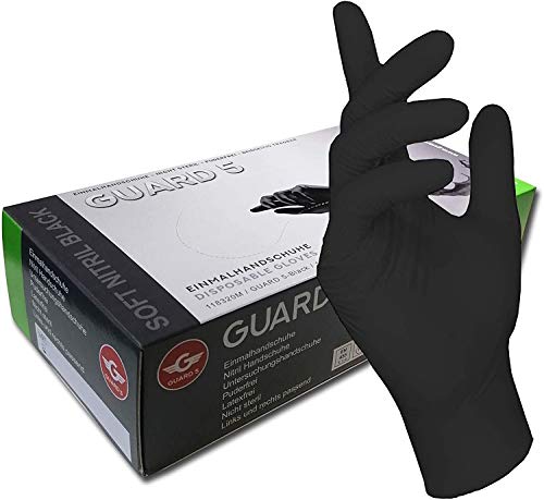200 Stck - Einweghandschuhe von GUARD 5 - Schwarze Nitril-Handschuhe puderfreie Tätowierhandschuhe Kochhandschuhe (9 / L)