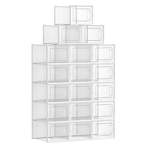 SONGMICS Schuhboxen, 18er Pack Schuhkartons, faltbar und stapelbar, bis Größe 46, transparent-weiß LSP18MWT