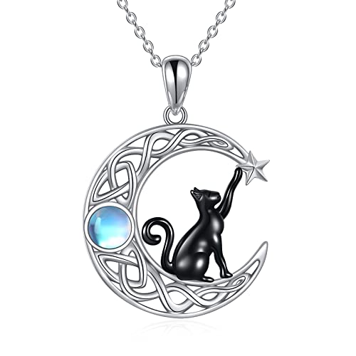 VONALA Damen Katze Kette, 925 Sterling Silber Keltischer Mondanhänger Mondsteinschmuck Geschenke für Frauen Mädchen