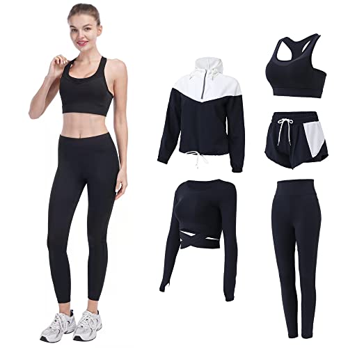 FRECINQ 5 Stück Damen Fitness Trainingsanzug Yoga Set Sportbekleidung Jogging Gym Pilates Sportbekleidung Zumba Tennisbekleidung