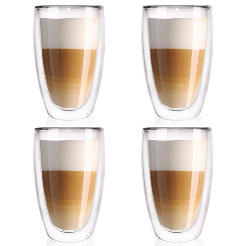 ORION GROUP Thermogläser | 450 ML | Kaffeegläser Teeglas Kaffeeglas Doppelwandiges Doppelwandige Gläser Thermoglas für Kaffee Latte Cappuccino Tee (4 Stück) | 8 x 8 x 14 cm | von -10 °C bis 210 °C