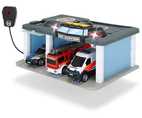 Dickie Toys SOS Rettungsstation mit Polizei, Feuerwehr und Krankenwagen, Station mit Licht & Sound, Mikrofon mit Lautsprecherfunktion, Tore zum Öffnen, inkl. Batterien, 31x22x16 cm, Blue