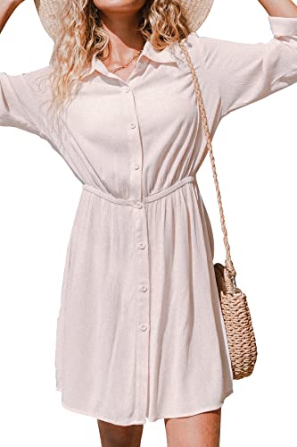 CUPSHE Damen Blusenkleid Elastischer Bund Knopfverschluss Midi Sommerkleid Strand Bikini Cover Up Hemd Shirt Dress Weiß S