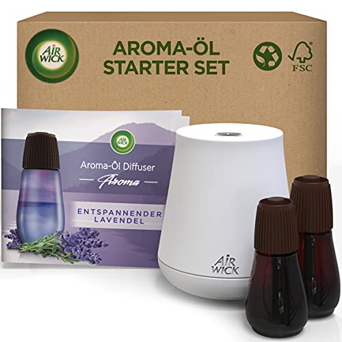 Air Wick Aroma-Öl Flakon Starter Set - Air Wick Diffuser mit 2 Nachfüllern - Blumiger Raumduft mit ätherischen Ölen - Duft: Entspannender Lavendel - 2 x 20 ml Öl + Gerät in Weiß