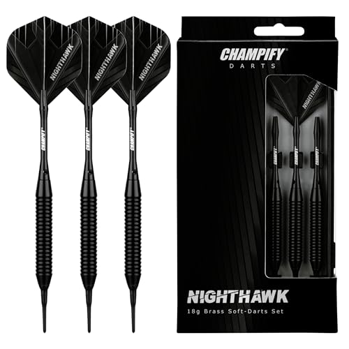 Champify® 18g Brass Soft-Darts Set “Nighthawk” mit Kunststoff-Spitze | 3 Dartpfeile mit 6 Schäften & 6 Flights & 30 Softdart-Spitzen | inkl. weiteres Zubehör | Dartpfeile mit Plastik-Spitzen