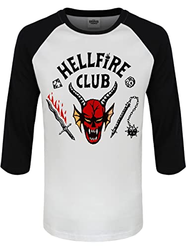 Heroes Inc. Herren-T-Shirt aus Baumwolle, 3/4-Ärmel, T-Shirt, Baseball, Aufdruck des Hellfire Club-Logos, weiß/schwarz, S