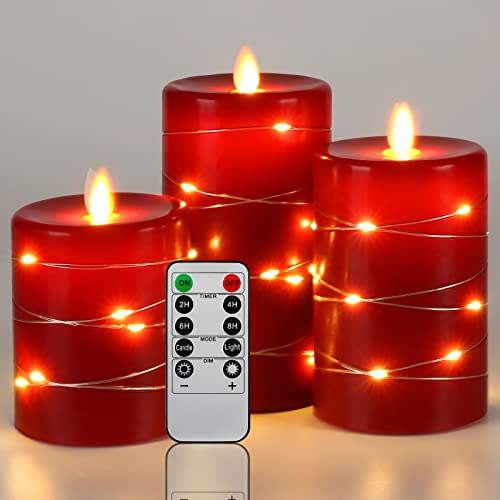 LED Kerzen 360-Grad-Betrachtungswinkel, mit Sternenlichterketten, 3er-Pack Lichterketten, LED-Kerzen, mit 10-Tasten-Fernbedienung, 24-Stunden-Timer-Funktion, tanzende Flamme, Echtwachs (Rot).