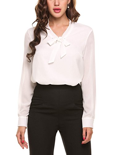 ACEVOG Damenshirts Classics Lockere V-Ausschnitt Schirt Basic Schluppenbluses Bluse Langarmshirt Einfarbig M, Weiß