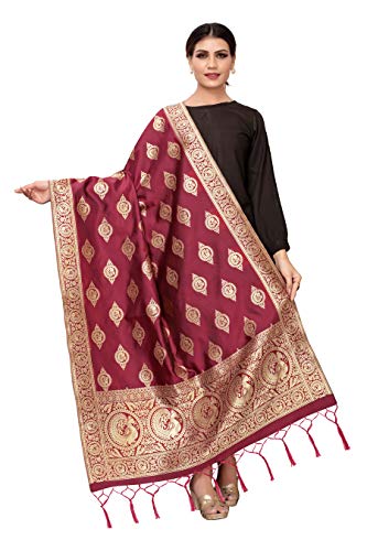 Jaanvi Fashion Indischer Banarasi gewebter Seide-Dupatta-Halstuch, lange Stola, Chunni-Quaste, Überwurf mit Zari, kastanienbraun, One size