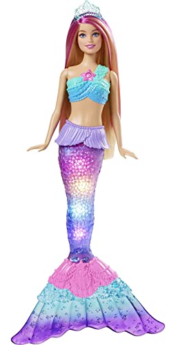 Barbie HDJ36 - Malibu Zauberlicht Meerjungfrau Puppe (30 cm, blonde Haare) mit wasseraktivierter Leuchtfunktion und pinken Strähnen, Geschenk für Kinder ab 3 Jahren