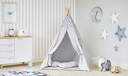 Tipi Zelt für Kinder Spielzelt Indianer Baumwolle 3 Kissen Kinderzelt drinnen draußen 8702 , Farbe:Grau- Wolken
