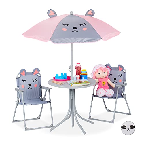 Relaxdays Camping Kindersitzgruppe, Kindersitzgarnitur mit Sonnenschirm, Klappstühle & Tisch, Maus Motiv, Garten, grau