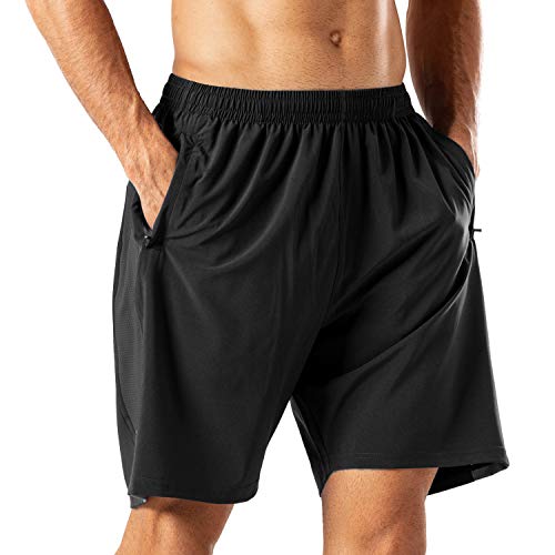 Herren Sport Shorts Schnell Trocknend Kurze Hose mit Reißverschlusstasch (Schwarz,L)