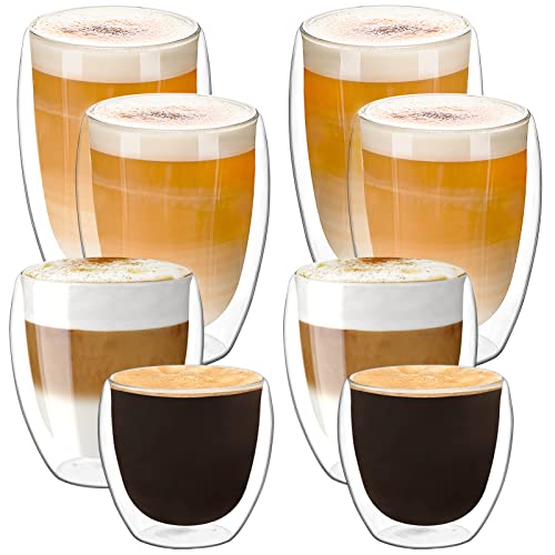 IZSUZEE 2x400ml Latte Macchiato Gläser 2x80ml Espressotassen 2x310ml Cappuccino Tassen 2x200ml Teeglas Gesamt 8 teiliges Set, Doppelwandige Kaffeetassen Mit Schwebeeffekt, Spülmaschinengeeignet.