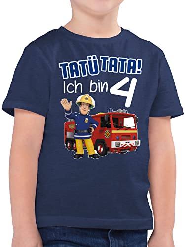 Feuerwehrmann Sam Jungen - Tatü Tata! Ich Bin 4 - blau - 116 (5/6 Jahre) - Dunkelblau Meliert - Kinder Shirt blau Kurzarm - F130K - Kinder Tshirts und T-Shirt für Jungen