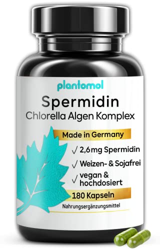 180 Spermidin Kapseln hochdosiert aus CHLORELLA ALGEN EXTRAKT - hoher natürlicher Chlorophyll Gehalt + 2,6mg Spermidine - hohe Bioverfügbarkeit - frei von Weizenkeim-Extrakt und Gluten