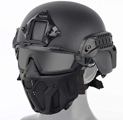 Kombination aus taktischer Vollgesichtsmaske mit Schutzbrille und taktischem Air Gun Paintball ACH Helm für Air Gun Paintball CS Spiel, BK, 30*19cm