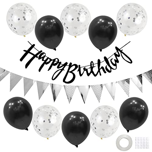 Geburtstag Dekoration Set,Silber Schwarz Happy Birthday Banner Set mit Luftballons Konfetti Ballons Dreiecksflaggen Girlanden für Geburtstag Deko Party Supplies