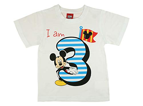Jungen Baby Kinder dritter Geburtstag Kurzarm T-Shirt 3 Jahre Baumwolle Birthday Outfit GRÖSSE 98 104 Mickey Mouse Disney Design in Weiss oder Blau Babyshirt Oberteil Hemd Polo Farbe Weiss, Größe 104