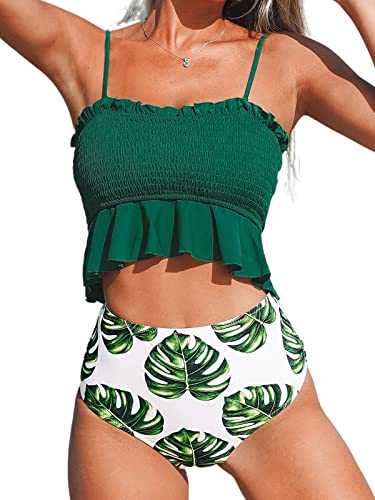 CUPSHE Smocked Grün und Monstera High Waist Bikini, Grün Weiß, L