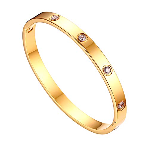 JewelryWe Schmuck Damen Armreif Edelstahl Zirkonia einfache Stil Liebe Armband 6mm breit mit Schließe Armspange Gravur Gold