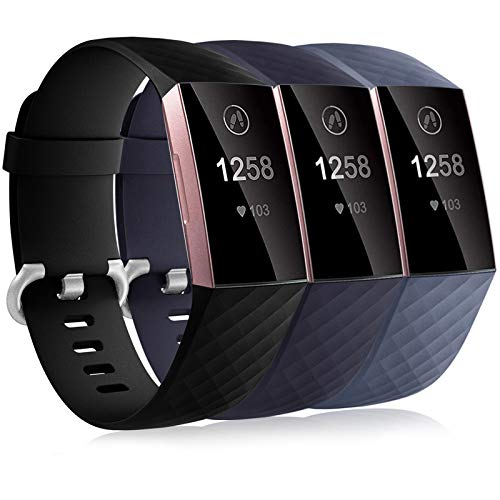 Dirrelo 3 Pack Armbänder Kompatibel mit Fitbit Charge 3/Fitbit Charge 4/Charge 3 SE Armband für Damen und Herren, Sport Verstellbares Ersatzarmband Silikon Uhrenarmband, Schwarz+Blau+Blau Grau L