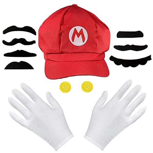 Super Mario Mütze Rot für Erwachsene, Mario Mütze Rot im Komplettset mit weißen Handschuhen und Klebe-Bärten für Erwachsene, Karneval Fasching Verkleidung Kostüm Mützen Hut Cap Herren Damen Kappe