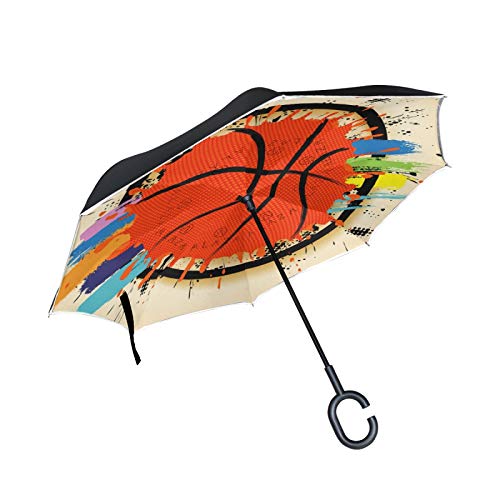 Süßes Trendiges Basketballplakat Umgekehrte Regenschirm mit C-förmigem Griff Seitenverkehrt Faltbarer Regenschirm UV-Schutz Auto Große Schirm