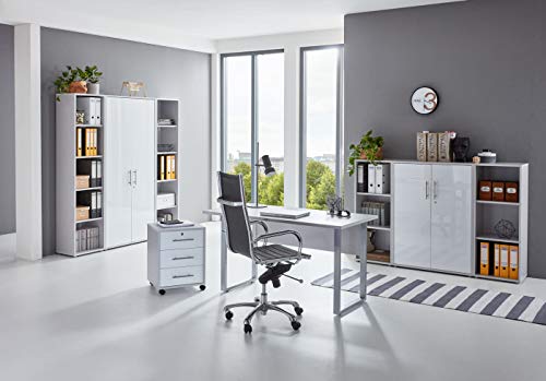 BMG-Moebel.de Büromöbel komplett Set Arbeitszimmer Office Edition Mini in Lichtgrau/Weiß Hochglanz (Set 5)