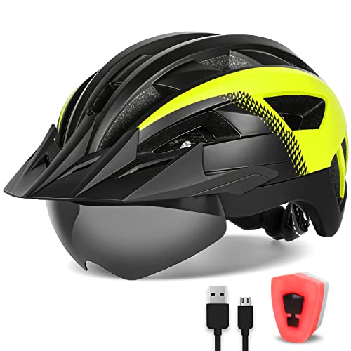 FUNWICT Fahrradhelm mit Visier für Herren Damen, Leichte Fahrradhelm mit Magnetischem Brille und USB-Aufladung LED Licht, Stylisch Mountainbike Helm (M: 54-58 cm, Schwarz Gelb)